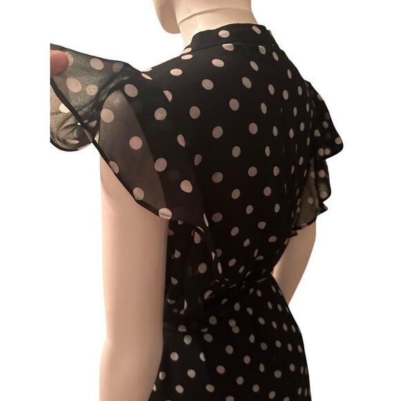 Who What Wear Polka Dot Flowy Belted Flutter Sleeve Midi Dress Sz M Black White - Picture 2 of 14